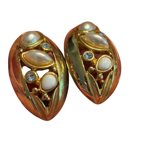 Chunky clip on earrings gold tone & faux pearls rhinestones vintage 80’s runway - Picture 8 of 8